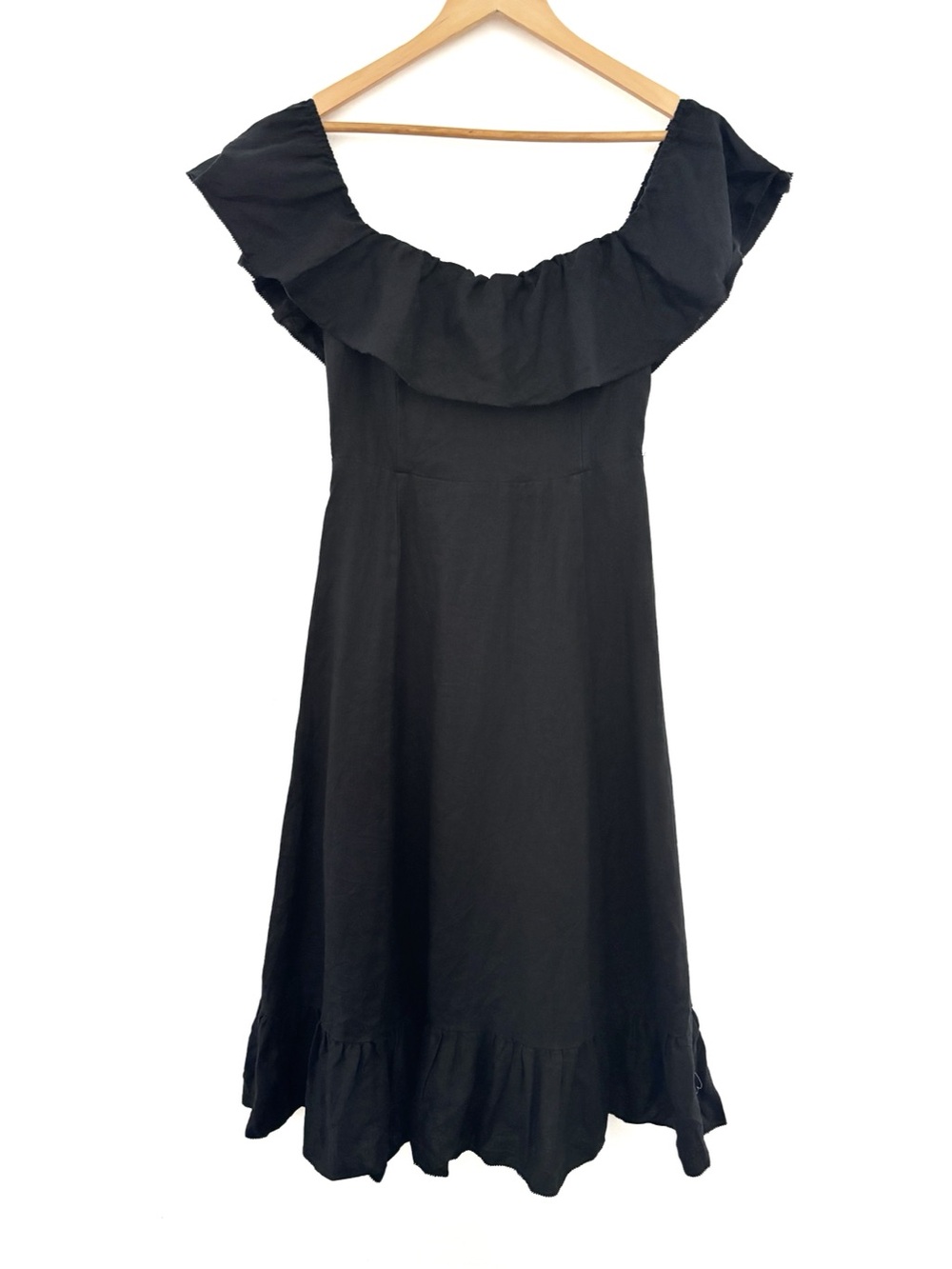 Wilfred Marmion Linen Dress Black Off Shoulder Ruffle Midi Size 4 Aritzia - Picture 6 of 12